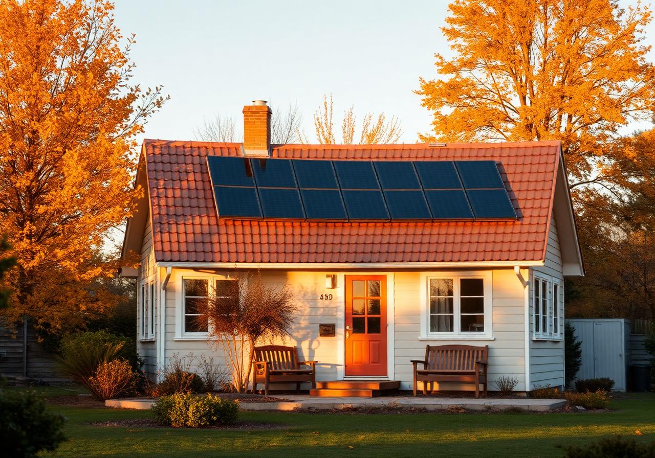 Mysig villa med solceller i kvällsljus